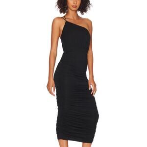 NBD Black Cocktail Dress XS Bodycon Party Ruched Midi Designer Revolve $228 NEW